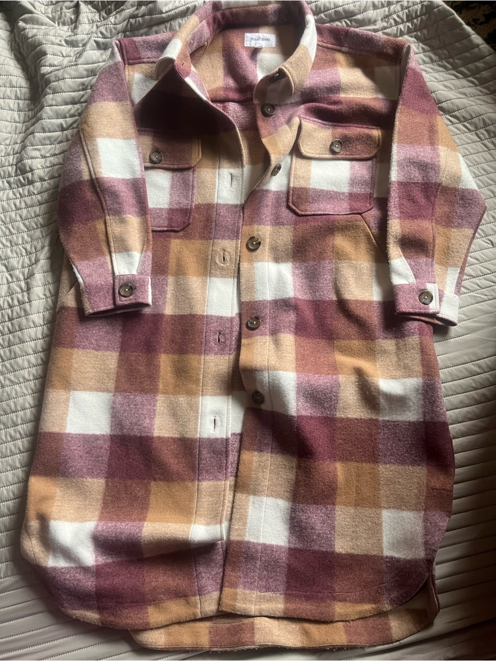 Tribal Plaid Shacket in Mauve, Camel & White button up long brown burgundy